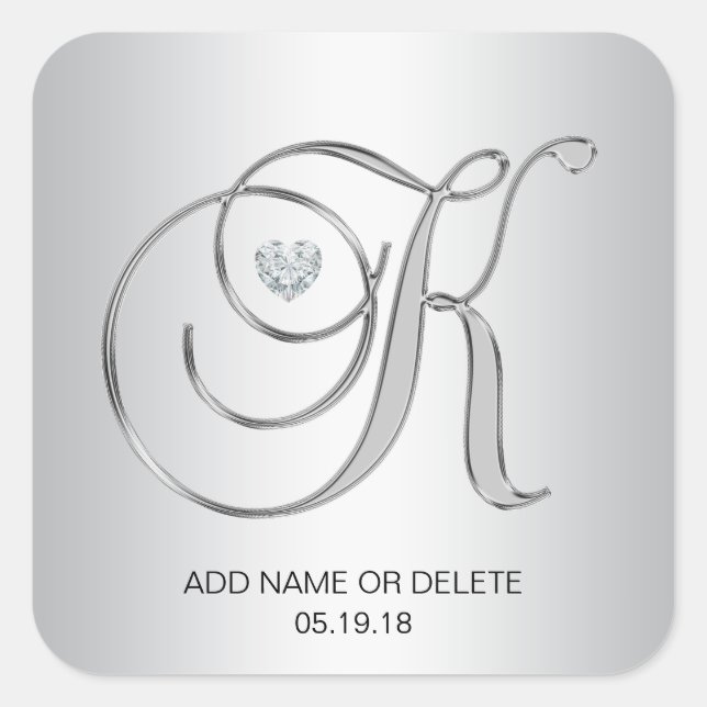 Custom Elegant Silver Monogrammed Initial Letter K Square Sticker (Front)