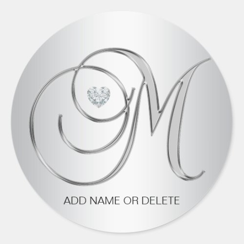 Custom Elegant Silver Monogrammed Initial Letter M Classic Round Sticker