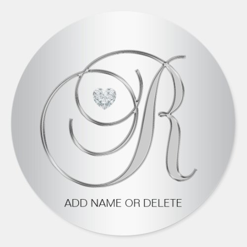 Custom Elegant Silver Monogrammed Initial Letter R Classic Round Sticker