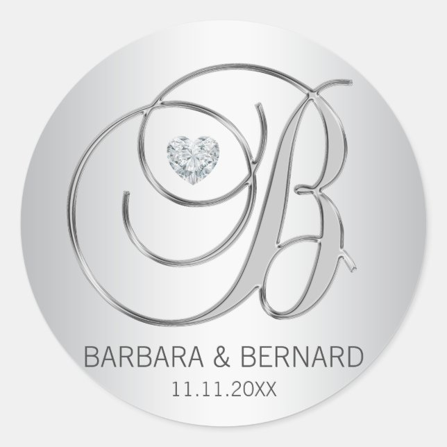 Custom Elegant Silver Monogrammed Wedding Classic Round Sticker (Front)