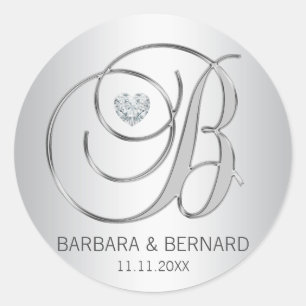 Custom Elegant Silver Monogrammed Wedding Classic Round Sticker