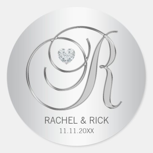 Custom Elegant Silver Monogrammed Wedding Classic Round Sticker