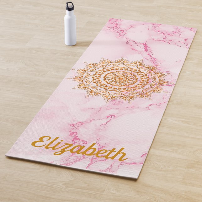 Custom elegant soft pink marble stone gold mandala yoga mat (In Situ)