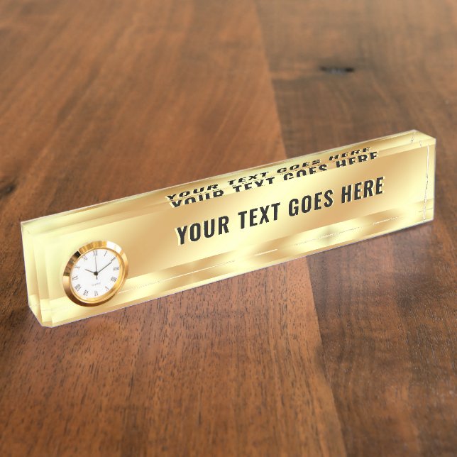 Custom Elegant Template With Clock Glam Gold Desk Name Plate (Side)