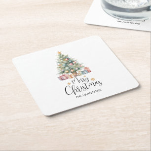 Custom Elegant Watercolor Christmas Tree  Square Paper Coaster