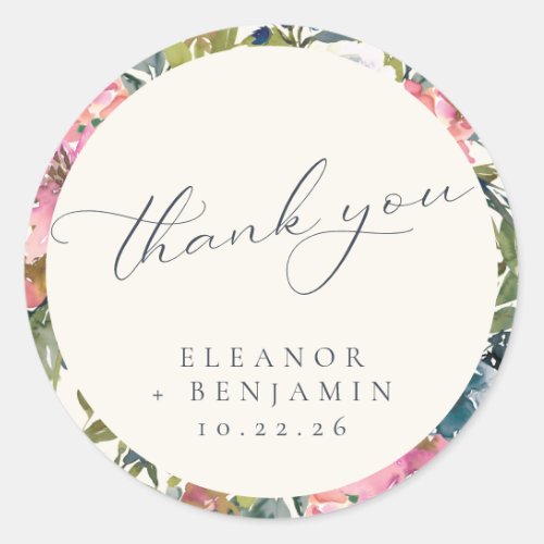 Custom Elegant Watercolor Floral Wedding Thank You Classic Round Sticker