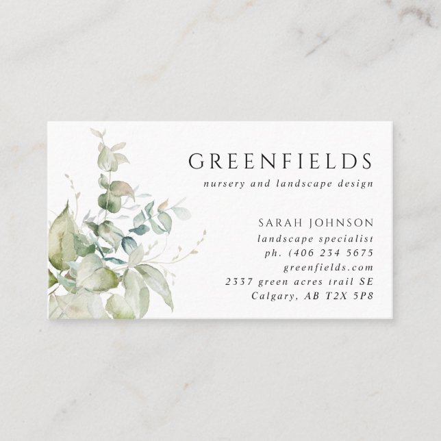 Custom Elegant Watercolor Greenery Business Card (Front)