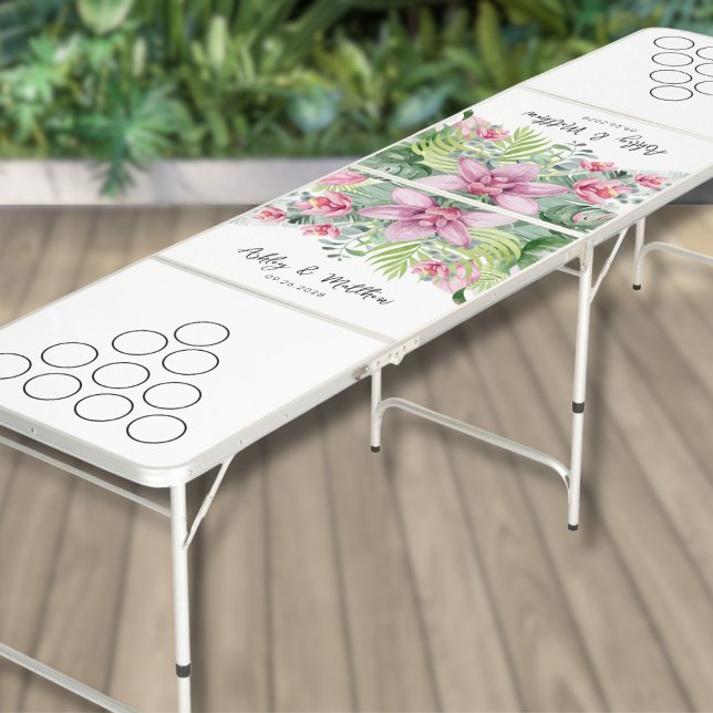 Custom Elegant Wedding Beer Pong Table (Personalized Family Names Elegant Tropical Wedding Beer Pong Table)