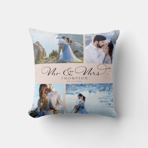 Custom Elegant Wedding Photo Collage Chic Script T Throw Pillow