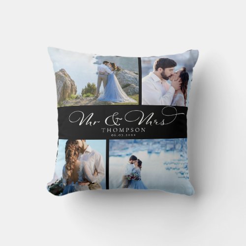 Custom Elegant Wedding Photo Collage Chic Script Throw Pillow