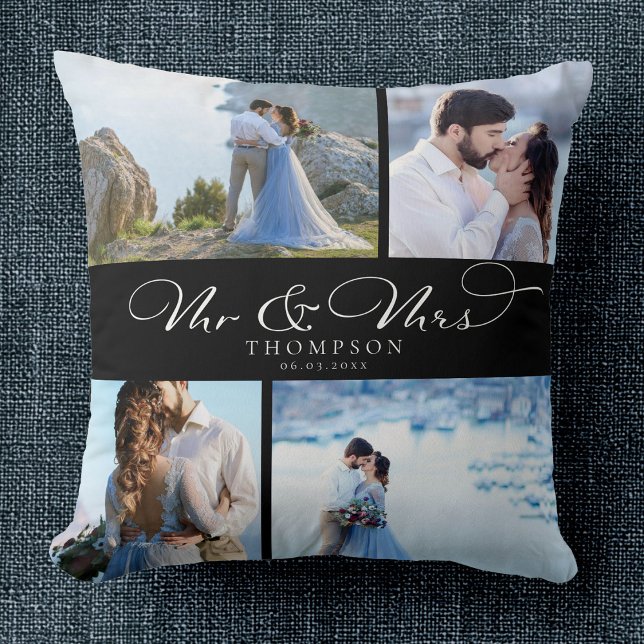 Custom Elegant Wedding Photo Collage Chic Script Throw Pillow (Creator Uploaded)