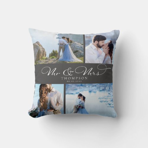 Custom Elegant Wedding Photo Collage Chic Script Throw Pillow