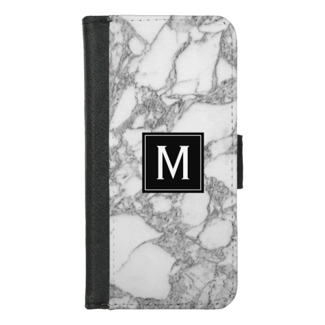 Custom elegant white marble stone monogram iPhone wallet case (Front)
