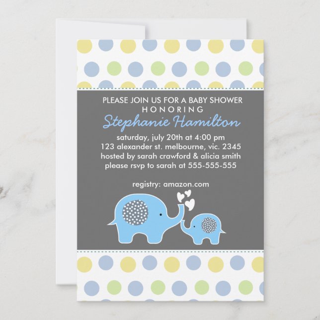 Custom elephant polka dots baby boy shower invitation (Front)