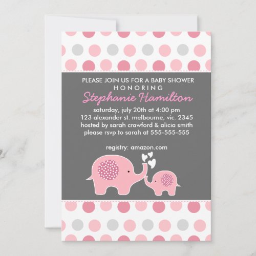 Custom elephant polka dots baby girl shower custom invitations