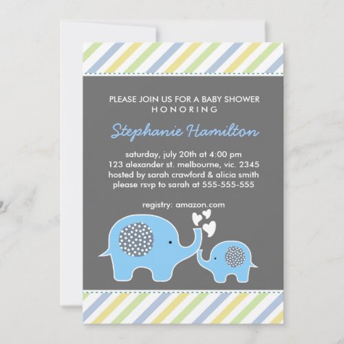 Custom elephant stripes baby boy shower invitation