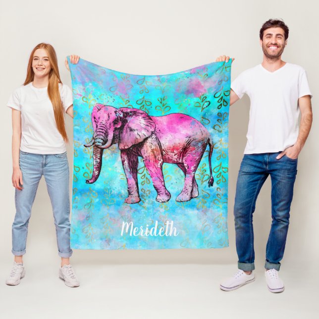 Custom Elephant Watercolor Pink Blue Trendy Fleece Blanket (In Situ)