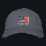 Custom embroidered hats with American flag logo<br><div class="desc">Custom embroidered hats with American flag logo. Add your own text below the US flag. Patriotic USA pride design for men women and kids. Dark cap with personalized embroidery and flag of America. Make your own headwear for friends and family. Cool Birthday or Father's Day gift idea for dad, grandpa,...</div>