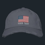 Custom embroidered hats with American flag logo<br><div class="desc">Custom embroidered hats with American flag logo. Add your own text below the US flag. Patriotic USA pride design for men women and kids. Dark cap with personalized embroidery and flag of America. Make your own headwear for friends and family. Cool Birthday or Father's Day gift idea for dad, grandpa,...</div>