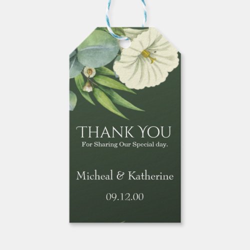 Custom Emerald Thank You Watercolor White Flower Gift Tags