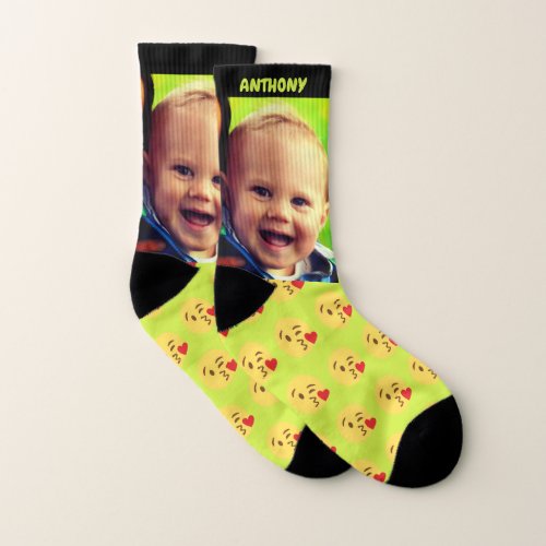 Custom emoji kids photo and name socks