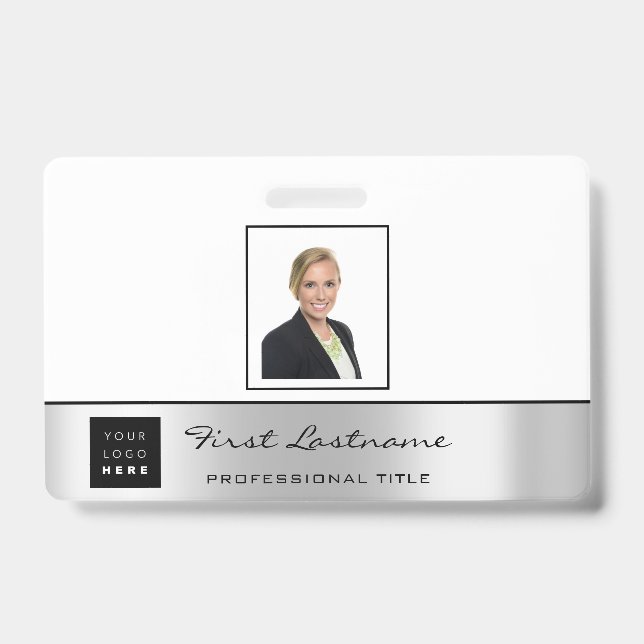 Custom Employee Bar Code Logo Name Gray Silver Badge (Front)