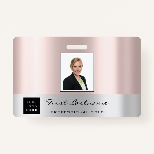 Custom Employee Bar Code Logo Name Rose Gold Badge (Front)