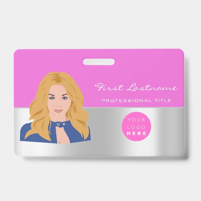 Custom Employee Bar Code Logo Name Scanner Pink Badge (Front)
