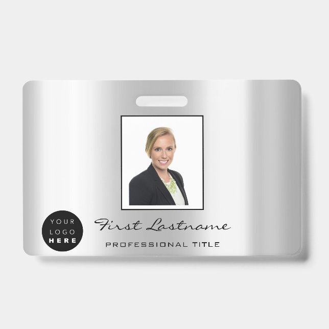 Custom Employee Bar Code Logo Name Silver Gray Badge (Front)