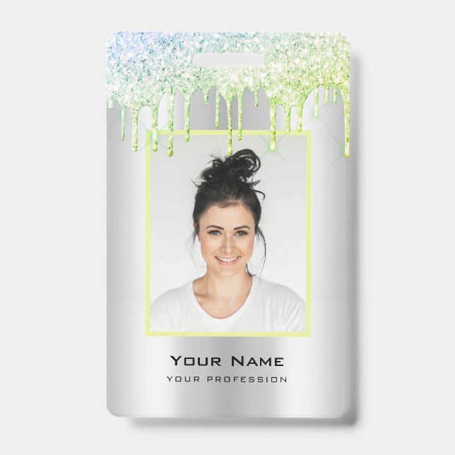 Custom Employee Glitter Drips Green Silver Name Badge (Front)