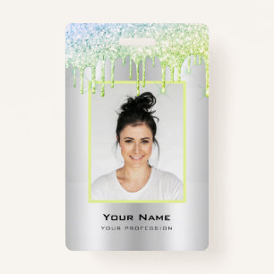 Custom Employee Glitter Drips Green Silver Name Badge