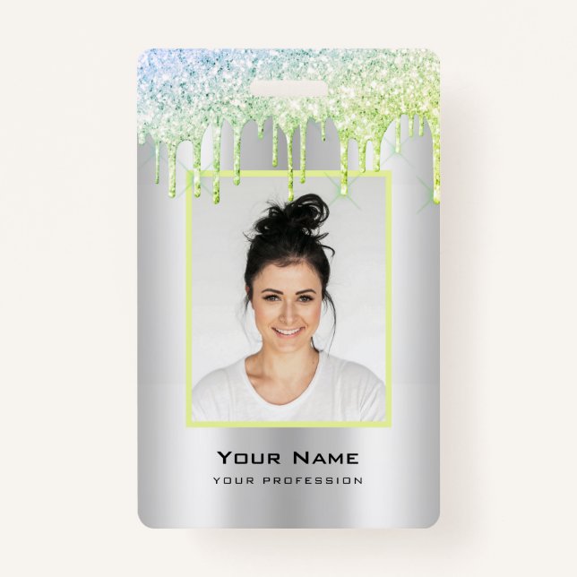 Custom Employee Glitter Drips Green Silver Name Badge (Front)