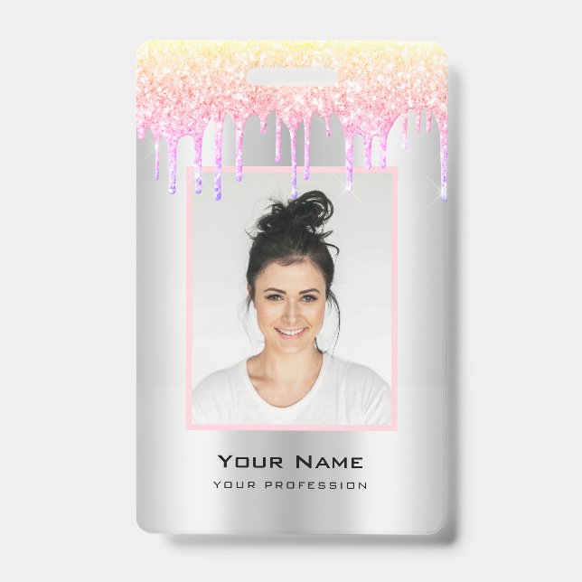 Custom Employee Glitter Drips Pastel Colors Name Badge (Front)
