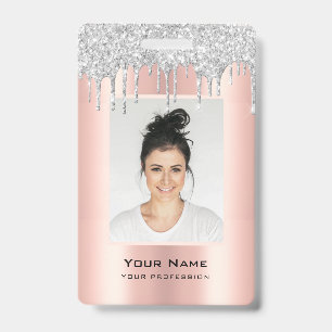 Custom Employee Glitter Drips Pink Silver Name Badge