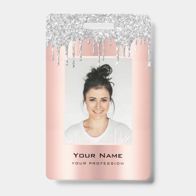 Custom Employee Glitter Drips Pink Silver Name Badge (Front)