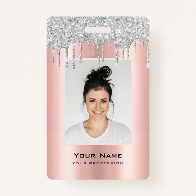 Custom Employee Glitter Drips Pink Silver Name Badge (Front)