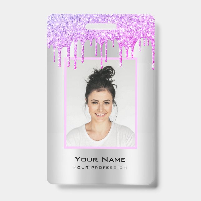 Custom Employee Glitter Drips Purple Silver Name Badge (Front)