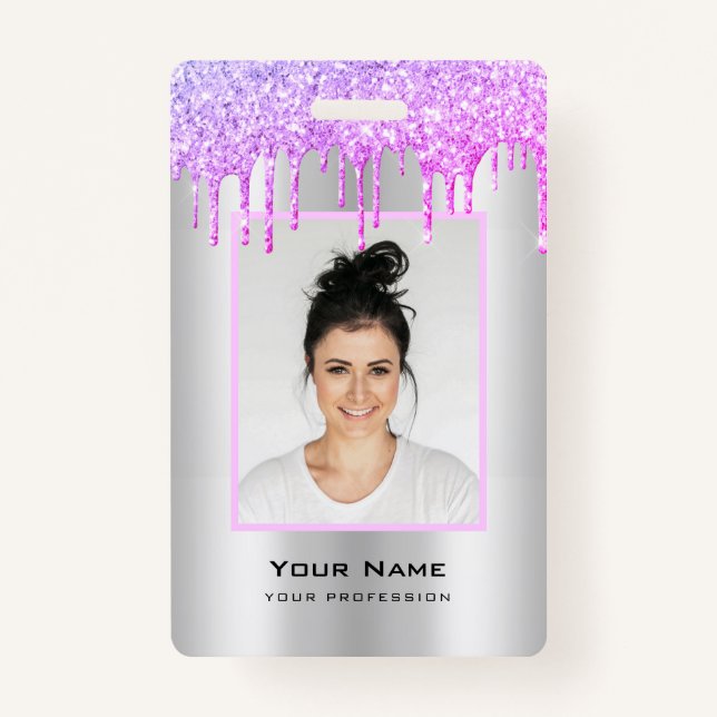 Custom Employee Glitter Drips Purple Silver Name Badge (Front)