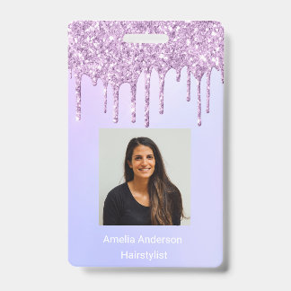 Custom Employee Glitter Drips Purple violet name Badge