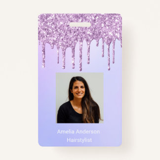 Custom Employee Glitter Drips Purple violet name Badge