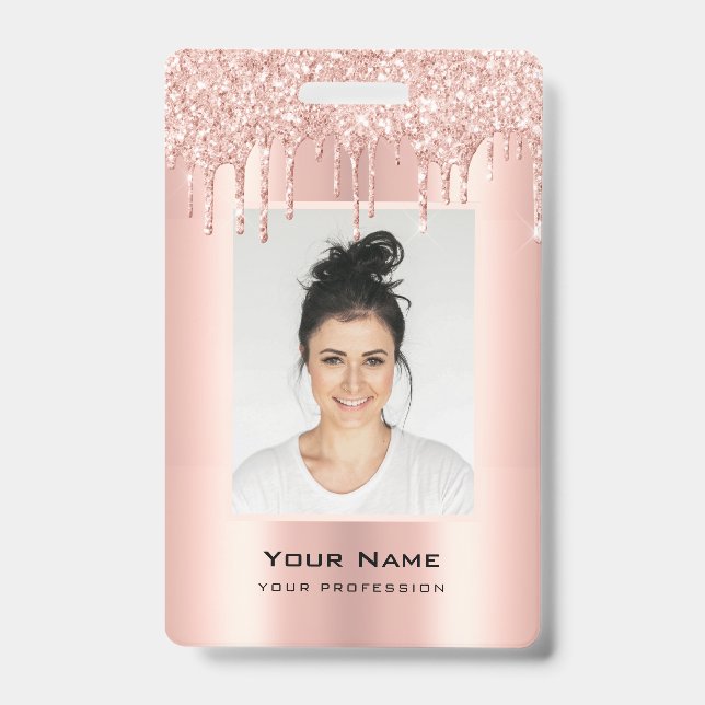 Custom Employee Glitter Drips Rose Gold Name Badge (Front)