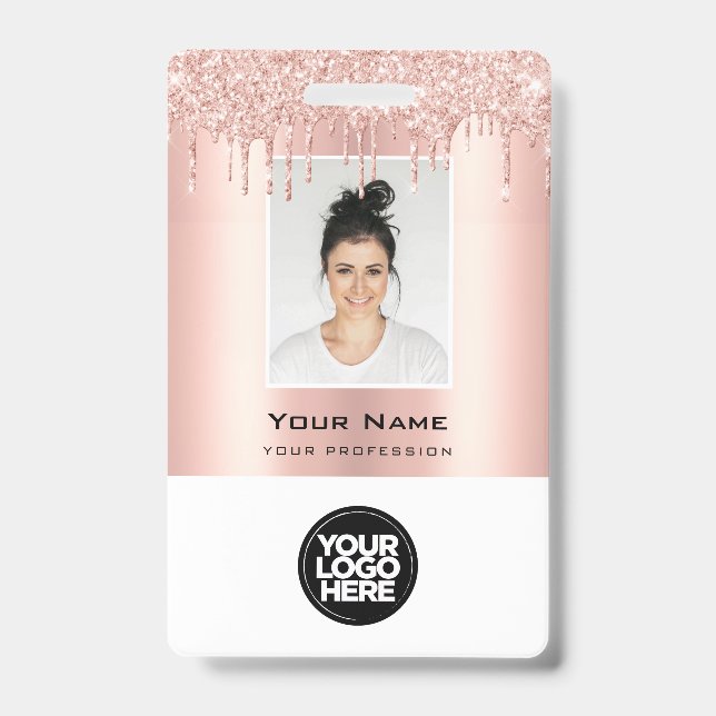 Custom Employee Glitter Drips Rose Gold Name Badge (Front)