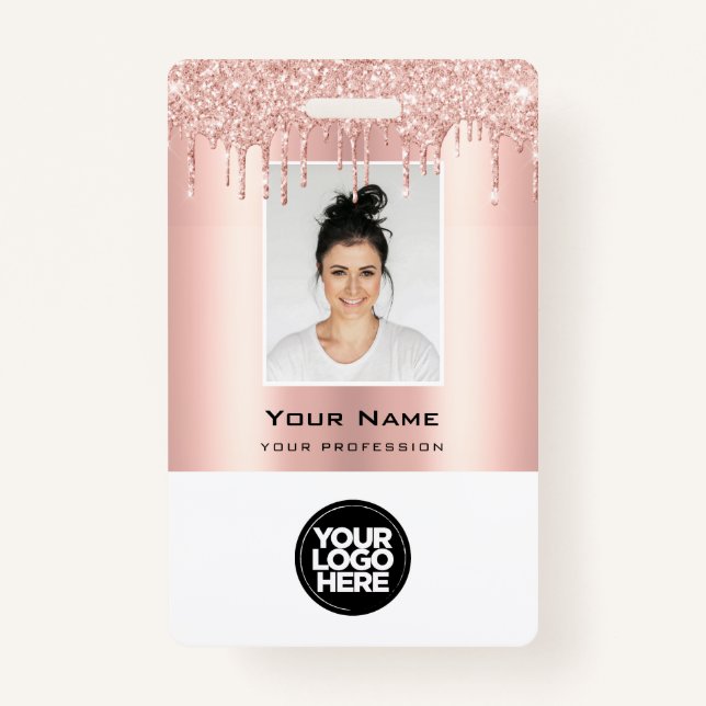 Custom Employee Glitter Drips Rose Gold Name Badge (Front)