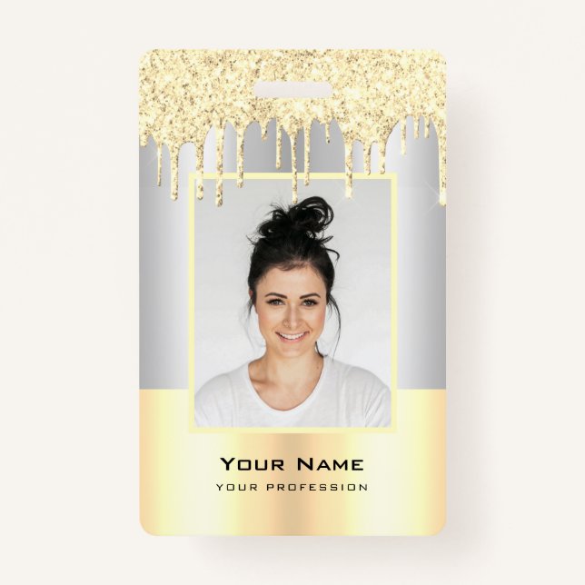 Custom Employee Glitter Drips Yellow Gold Name Badge (Front)