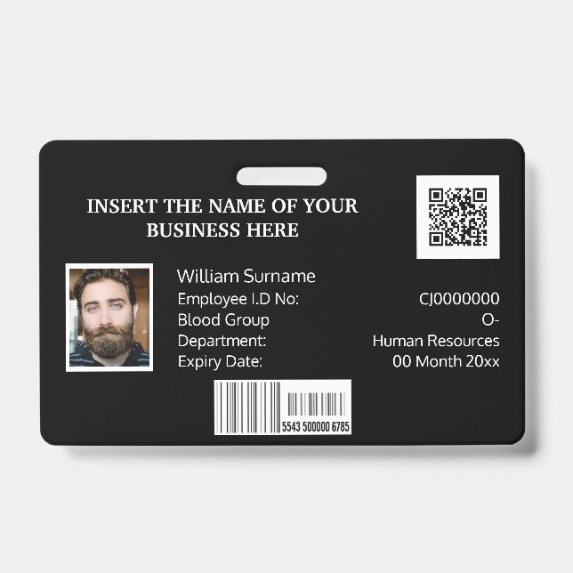 CUSTOM employee ID card barcode photo logo black Badge (Front)