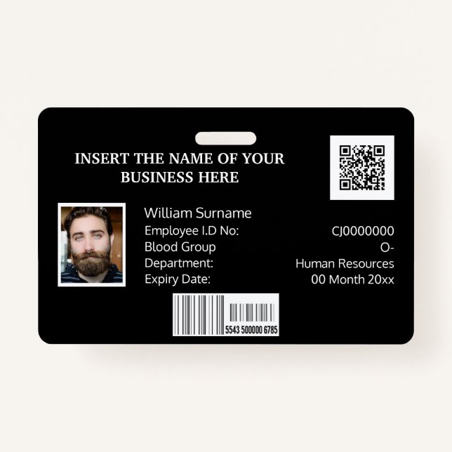 CUSTOM employee ID card barcode photo logo black Badge (Front)
