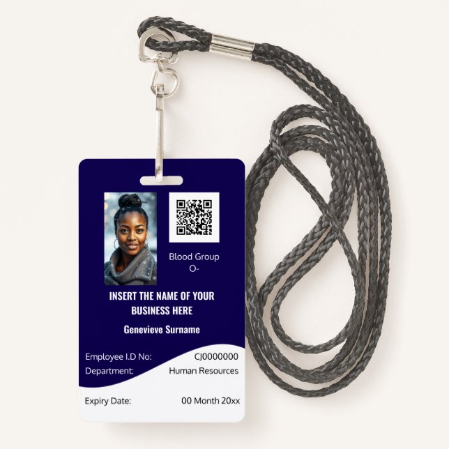 CUSTOM employee ID card editable navy blue white Badge (Front with Lanyard)