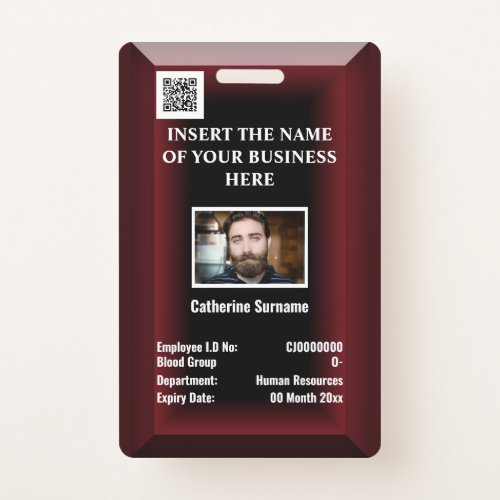 Custom employee ID card  Photo logo maroon red Badge