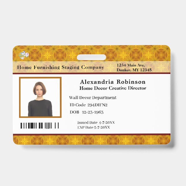 Custom Employee ID Identification Photo Bar Code  Badge (Front)