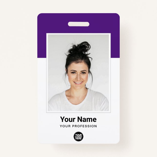 Custom Employee Large Photo Purple Logo Name Badge (Front)